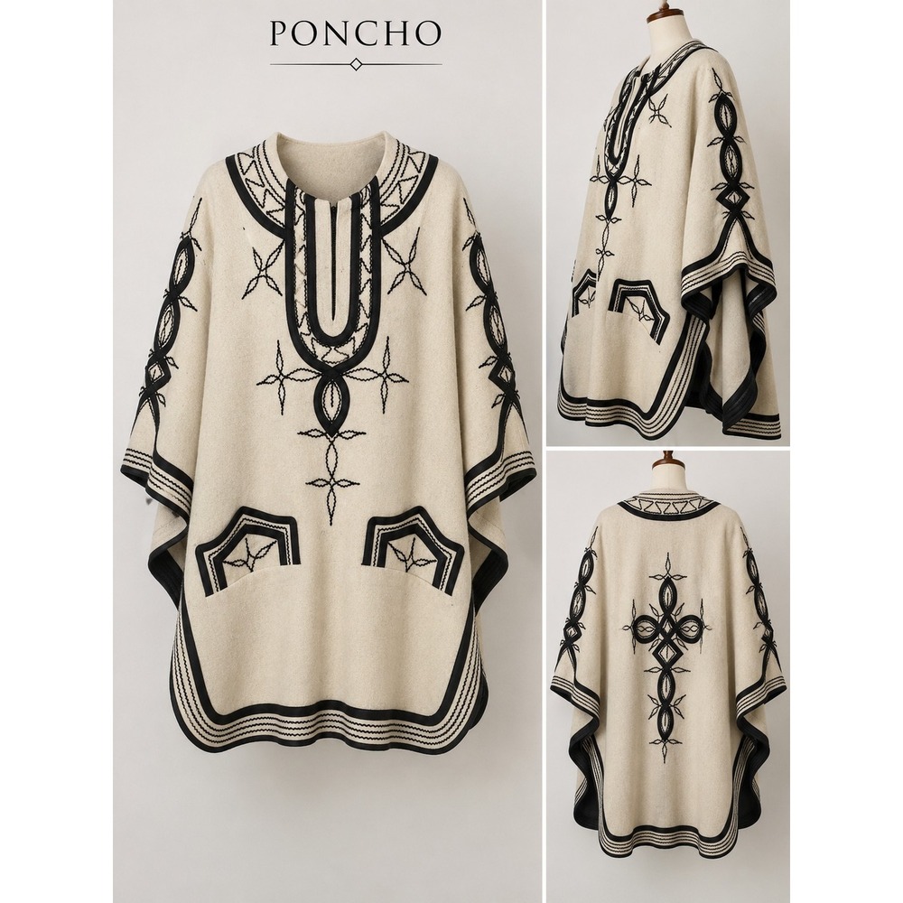 Vintage Poncho Womens One Size Cape Serape Embroidered Southwestern Wool Boho